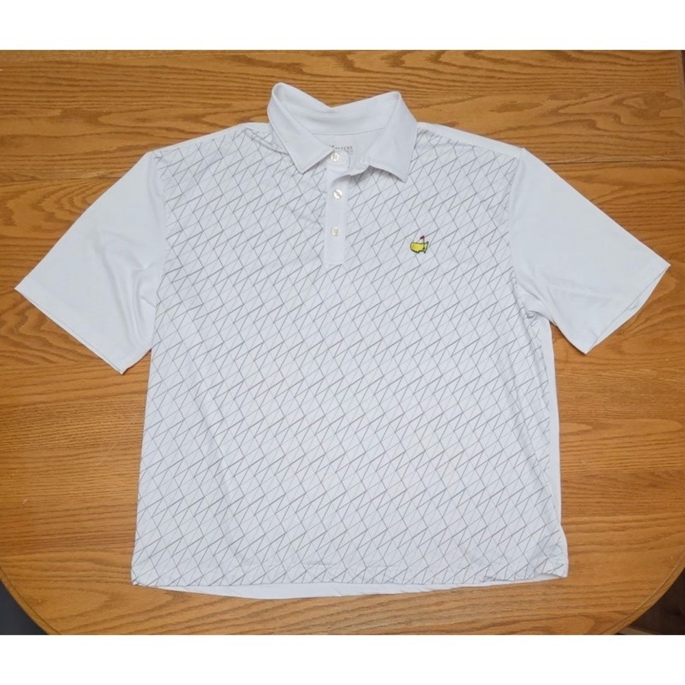 Masters Tech Short Sleeve White Geometric Polo Shirt Size Large Stretch Golf